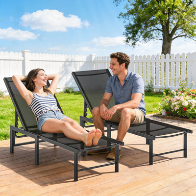 Set of 2 Adjustable Garden Sun Loungers for Outdoor Relaxing with Breathable Mesh Black Outsunny