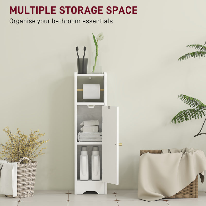 Slim Bathroom Storage Cabinet with Toilet Roll Holder and Shelves for Tight Spaces, White