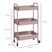 Pink Three Tier Steel Storage Trolley with Wheels for Home Office or Salon by HOMCOM