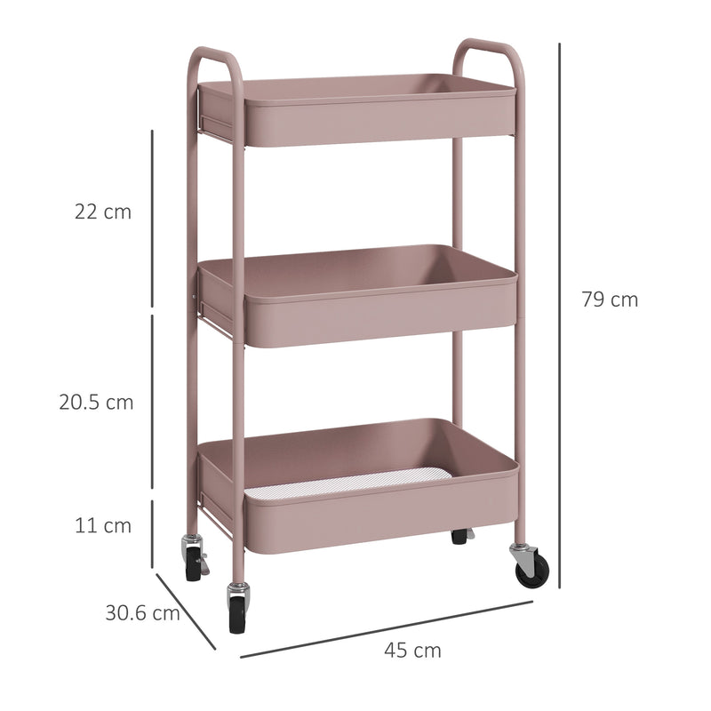 Pink Three Tier Steel Storage Trolley with Wheels for Home Office or Salon by HOMCOM
