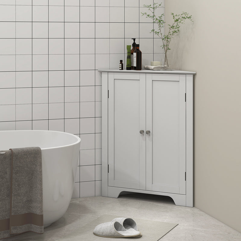 Corner Bathroom Storage Cabinet with Adjustable Shelf and Recessed Door Free Standing White