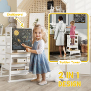 White 2-in-1 Toddler Tower with Chalkboard and Safety Rail for Kitchen and Bathroom by AIYAPLAY AOSOM