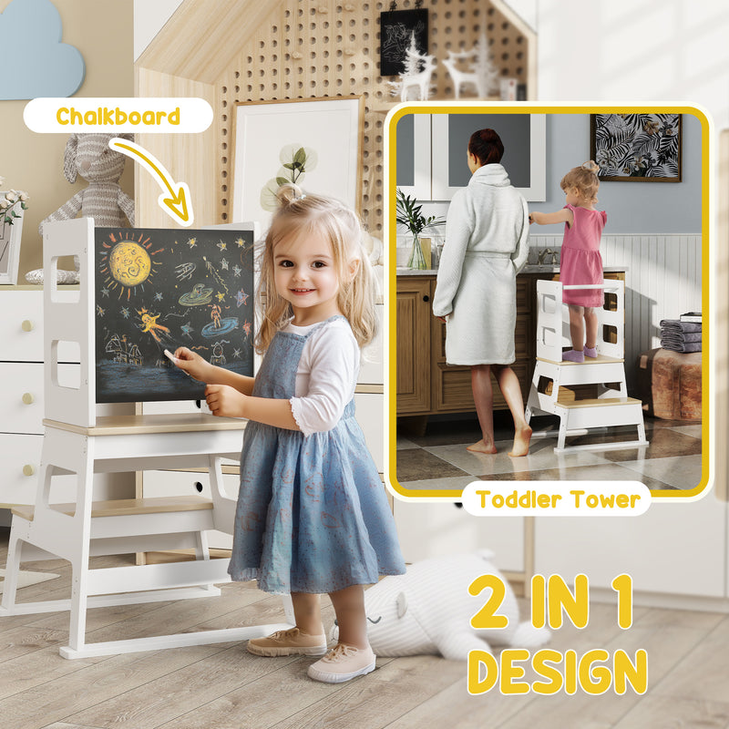 White 2-in-1 Toddler Tower with Chalkboard and Safety Rail for Kitchen and Bathroom by AIYAPLAY AOSOM
