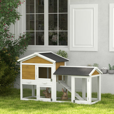 Wooden Rabbit Hutch Outdoor Double Tier with Ramp and Water-Resistant Roof Yellow by PawHut