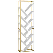 Modern Bookcase For Living Room Organisation - 10 Tiers - Gold Metal Frame With Angled White Shelves Homcom