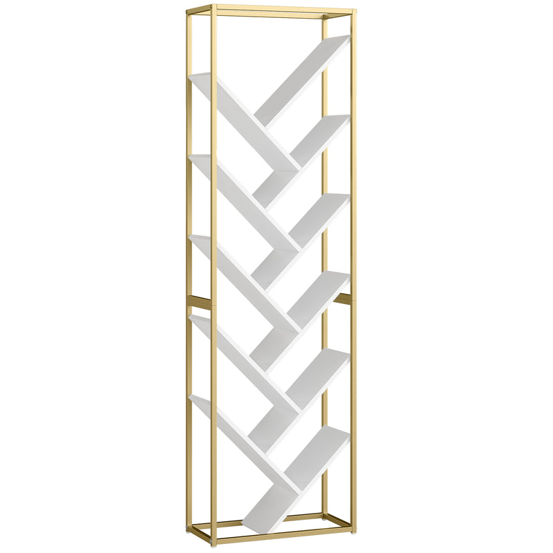 Modern Bookcase For Living Room Organisation - 10 Tiers - Gold Metal Frame With Angled White Shelves Homcom