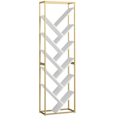 Modern Bookcase For Living Room Organisation - 10 Tiers - Gold Metal Frame With Angled White Shelves Homcom