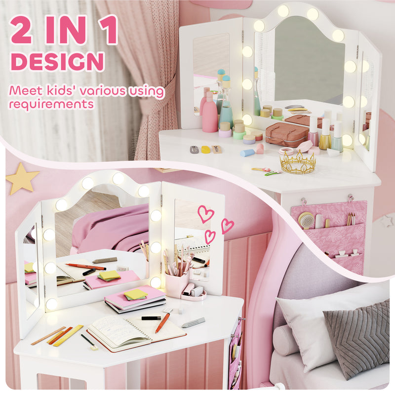 Kids Vanity Table and Stool Set with LED Lights and Folding Mirror for Bedroom White