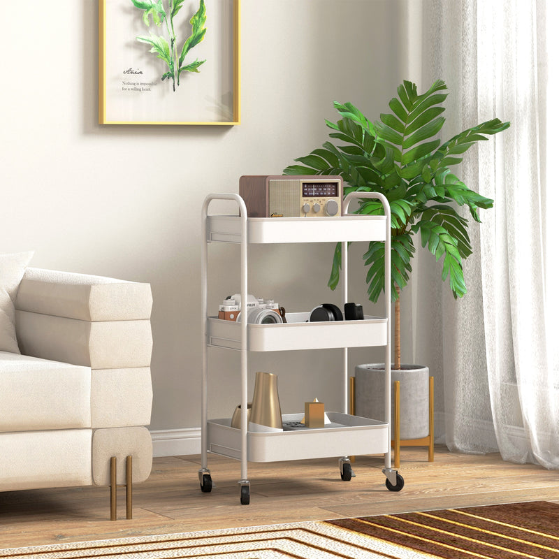 White Three Tier Steel Rolling Storage Trolley with Lockable Wheels