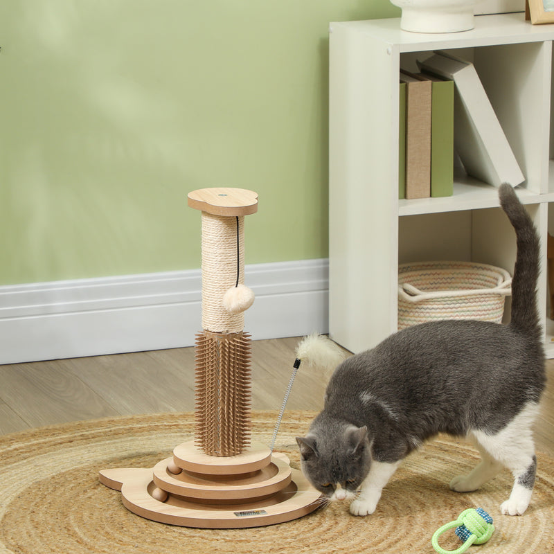 49cm 5 in 1 Cat Scratching Post with Sisal Track Ball Brush and Toys Oak Tone by PawHut