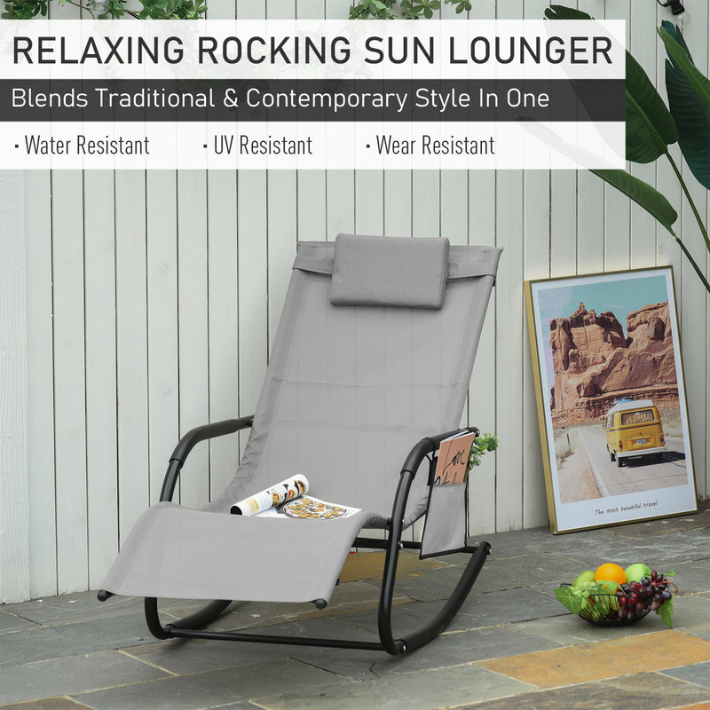 2 Piece Outdoor Rocking Chair Set with Headrest and Side Storage for Garden Grey AOSOM
