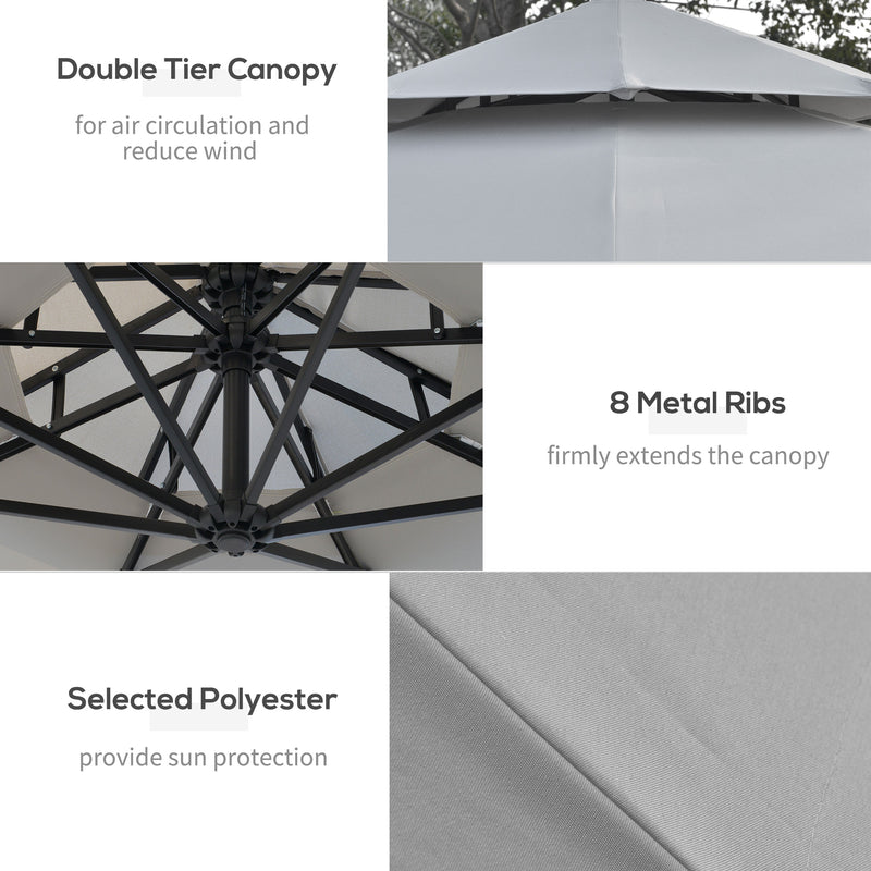 Light Grey 3m Cantilever Garden Parasol With Solar LED Lights And Double Roof Shade