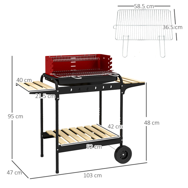 Red Charcoal BBQ Grill with Adjustable Grate Height for Outdoor Cooking
