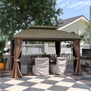 3.65 x 3m Hardtop Steel Gazebo with Aluminium Frame Double Roof Net Sidewalls and Curtains Coffee by Outsunny