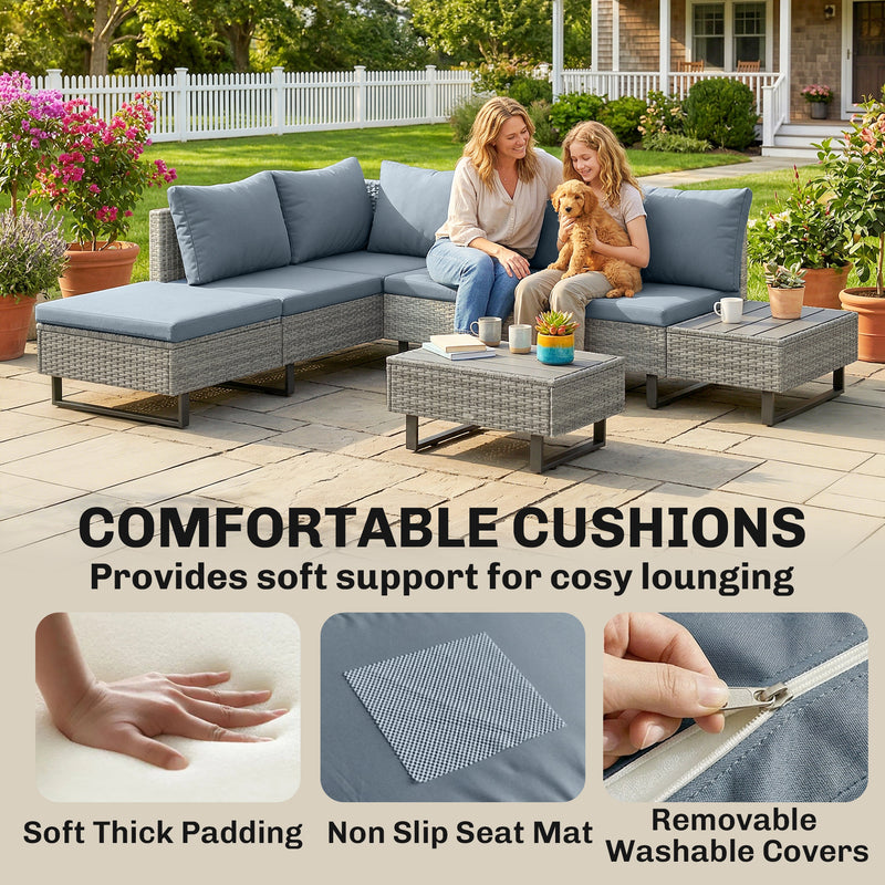 Rattan Corner Sofa Set with Adjustable Backrest for Spacious Outdoor Lounging, Grey