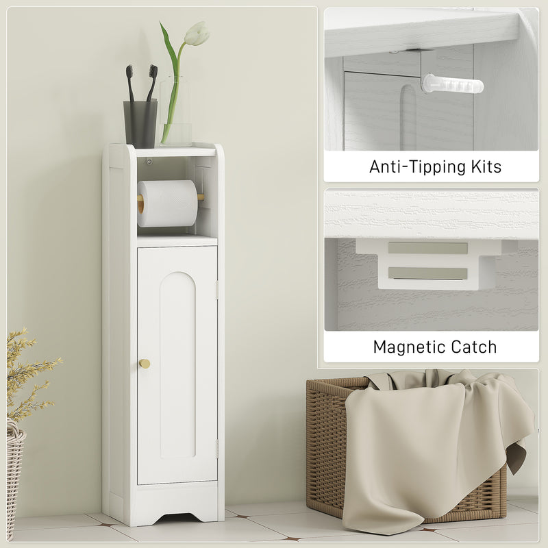 Slim Bathroom Storage Cabinet with Toilet Roll Holder and Shelves for Tight Spaces, White