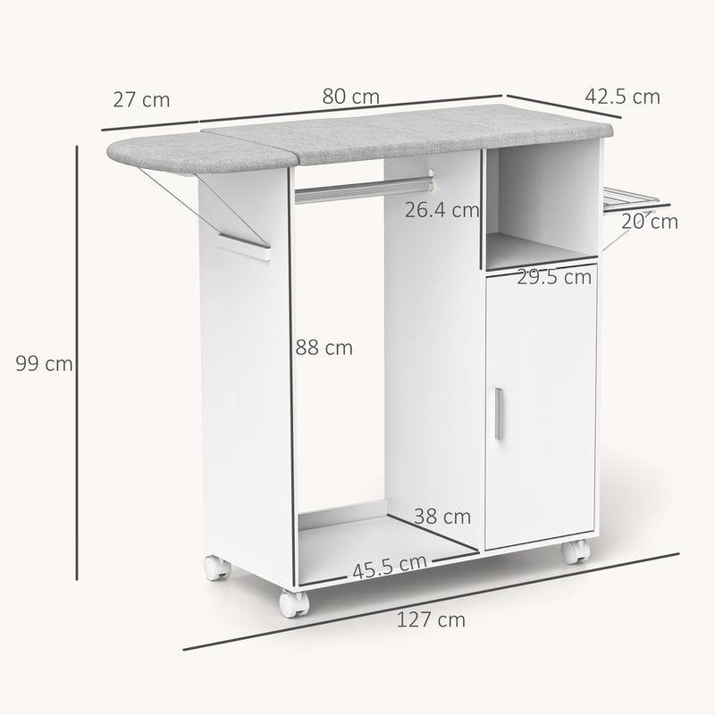 Rolling Ironing Board Cabinet with Storage and Lockable Wheels for Home Use White AOSOM