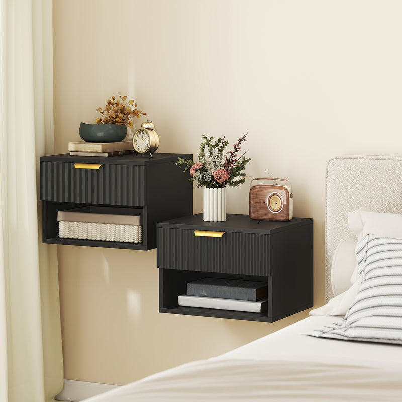 Set of 2 Floating Bedside Tables with Drawer and Shelf for Easy Cleaning Black Gold