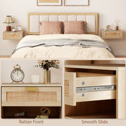 Floating Bedside Tables Set of 2 for Clutter Free Bedroom with Rattan Drawer Oak AOSOM