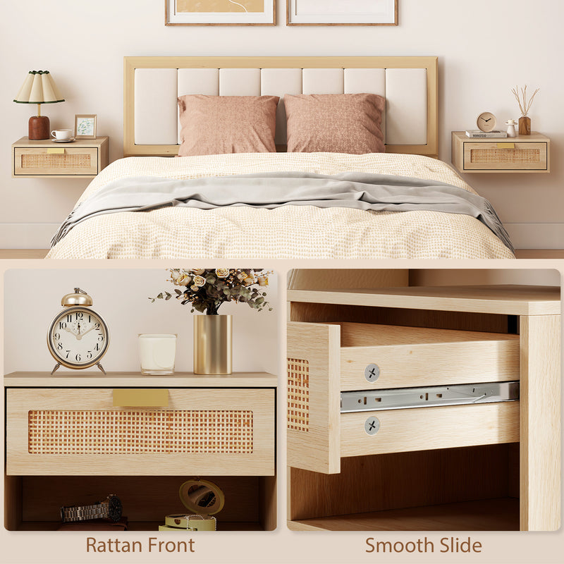 Floating Bedside Tables Set of 2 for Clutter Free Bedroom with Rattan Drawer Oak AOSOM