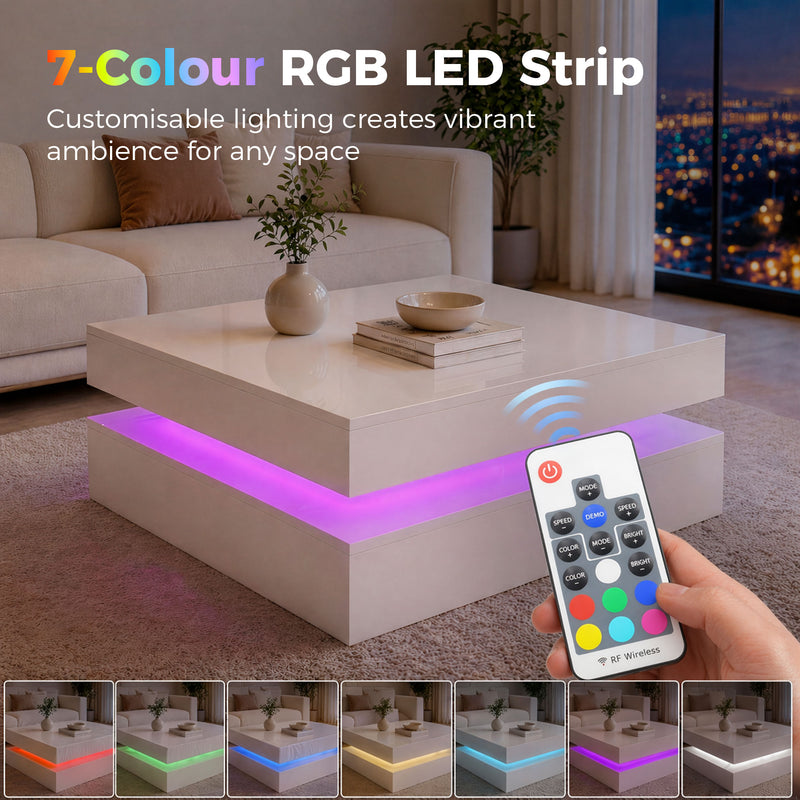 Coffee Table with LED Mood Lighting and Storage Shelf for Organised Living Room High Gloss White