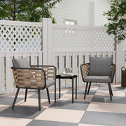 3 Piece Black Rattan Bistro Set with Cushions and Glass Top Table for Patio