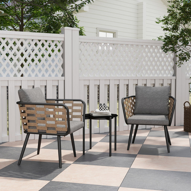 3 Piece Black Rattan Bistro Set with Cushions and Glass Top Table for Patio