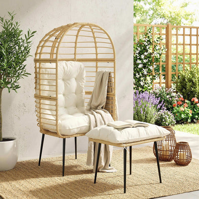 Outdoor Egg Chair With Footstool for Relaxing Garden Retreat Weather Resistant Rattan Beige Cream White Outsunny