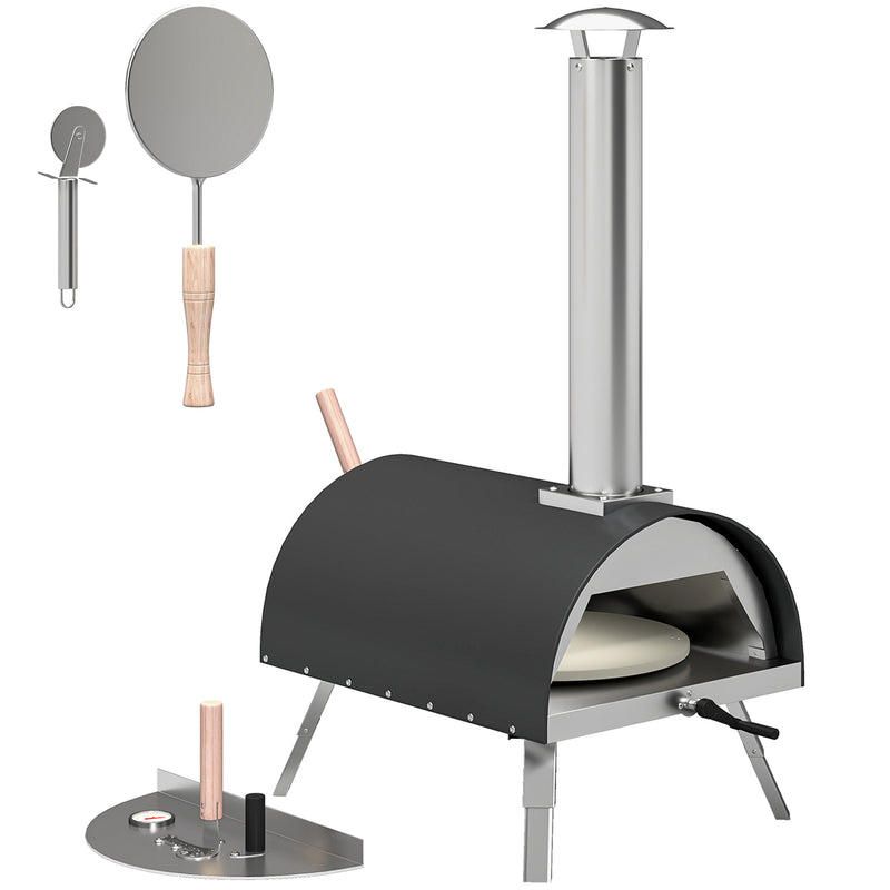 Wood Fired Outdoor Pizza Oven for Fast Even Cooking with Rotating Stone for Garden or Patio, Black Outsunny