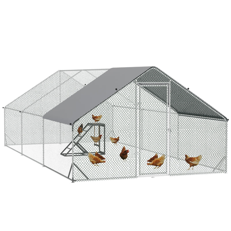 Large Walk In Chicken Run with Activity Shelf and Weather Cover for Outdoor Use Silver