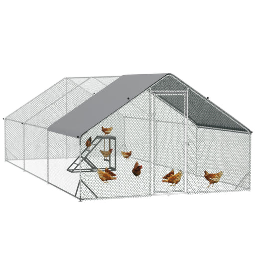 Large Walk In Chicken Run with Activity Shelf and Weather Cover for Outdoor Use Silver