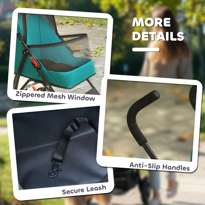 Pet Stroller for Small Dogs or Cats with Foldable Frame and Canopy Dark Green AOSOM