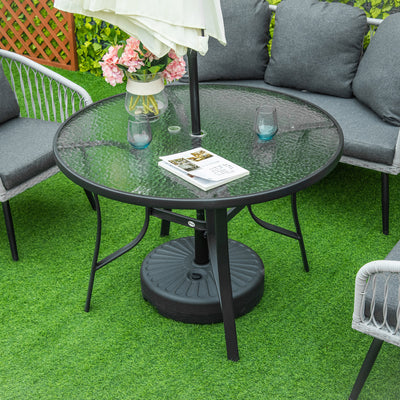 Round 106cm Garden Dining Table with Parasol Hole and Tempered Glass Top for Patio