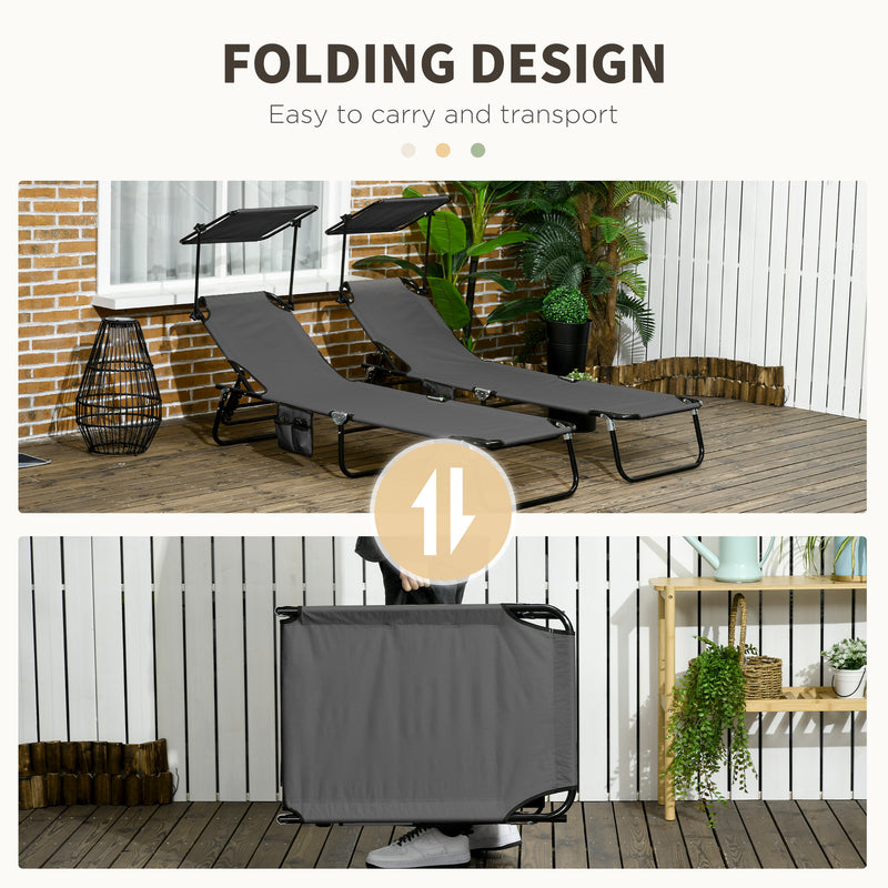 Set of Two Grey Folding Sun Loungers With Adjustable Backs and Sun Canopies by Outsunny