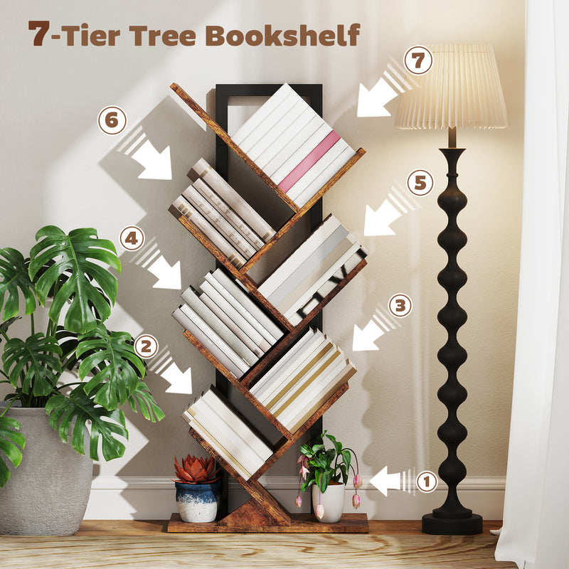 Six Section Tree Shaped Bookcase With Open Display Shelves For Home Storage Wood Effect