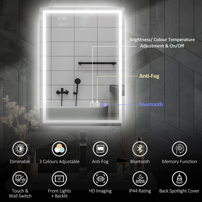 Silver LED Bathroom Mirror 60 x 80 cm with Bluetooth and Anti Fog Function by HOMCOM