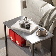 Narrow Grey Wood Bedside Table with 2 Drawers and Shelf for Small Spaces