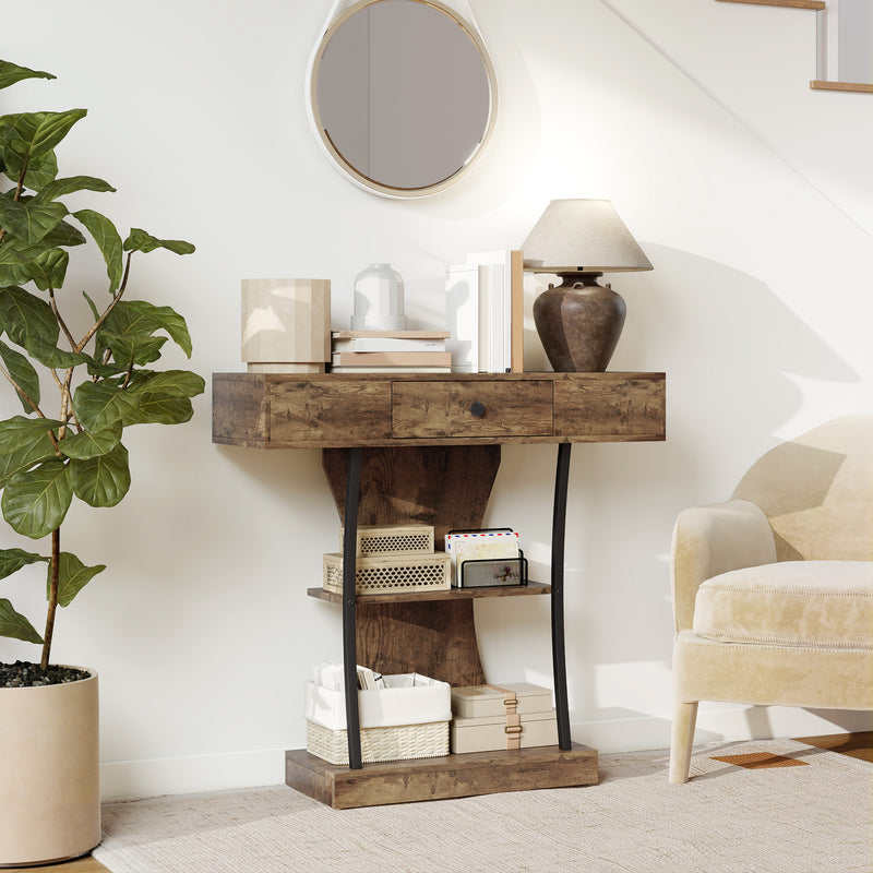 Industrial 3 Tier Console Table with Drawer and Storage Shelves for Hallway Rustic Brown AOSOM