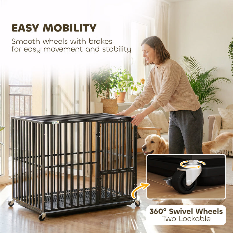 Steel Dog Crate With Removable Tray and Wheels for Secure Home Use Black AOSOM