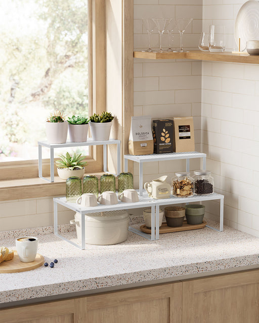 Stackable Expandable White Spice Rack Set of 2 for Cupboard Storage Organisation by Songmics