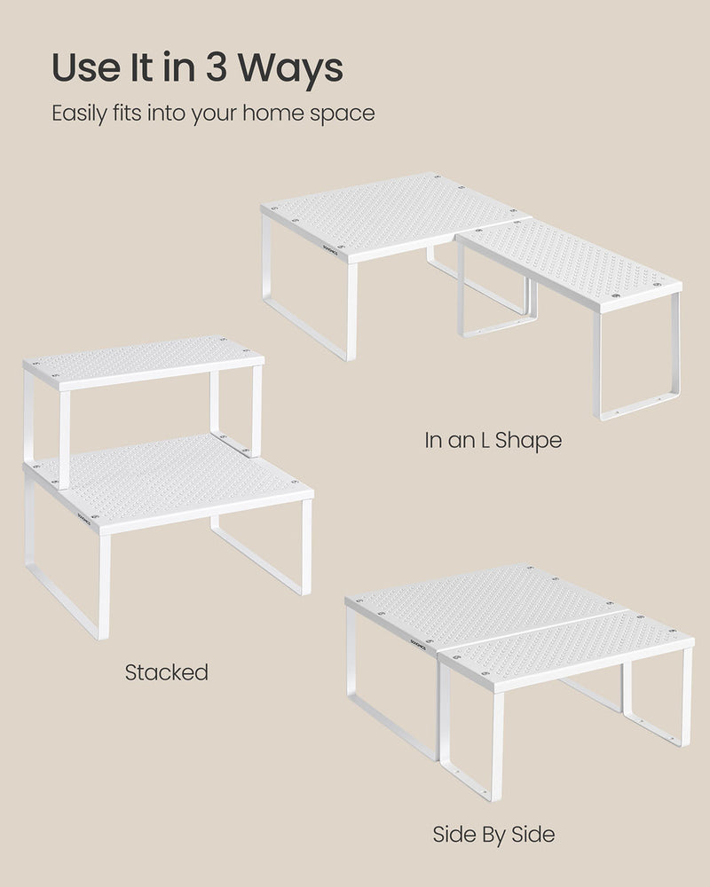 Stackable Expandable White Spice Rack Set of 2 for Cupboard Storage Organisation by Songmics