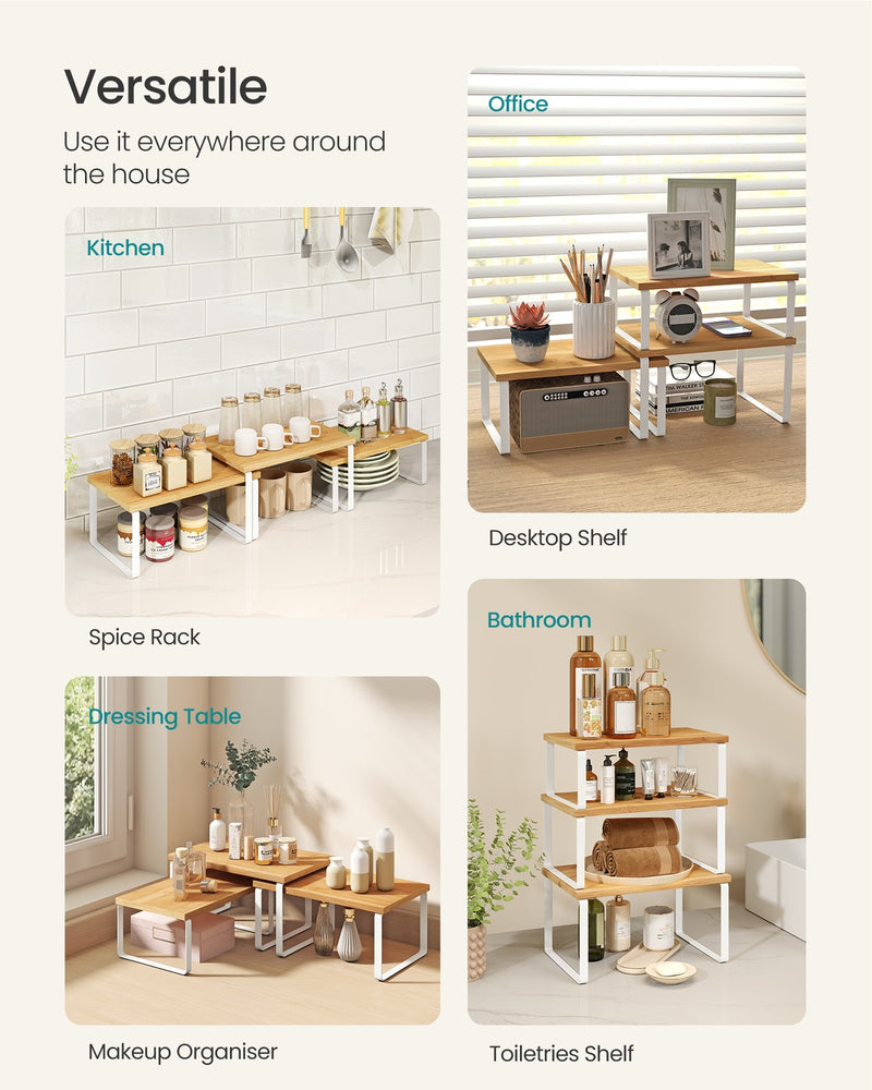 Close-up of white metal frame and wood shelf on cupboard organiser