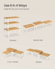 Dimensions diagram of white and beige cupboard organiser set
