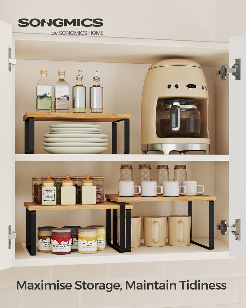 Ink black cupboard organisers stacked on top of each other