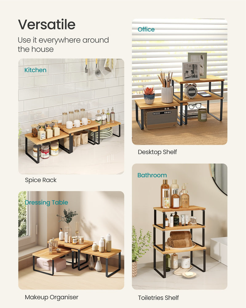 Close-up of black metal frame and wood shelf on cupboard organiser