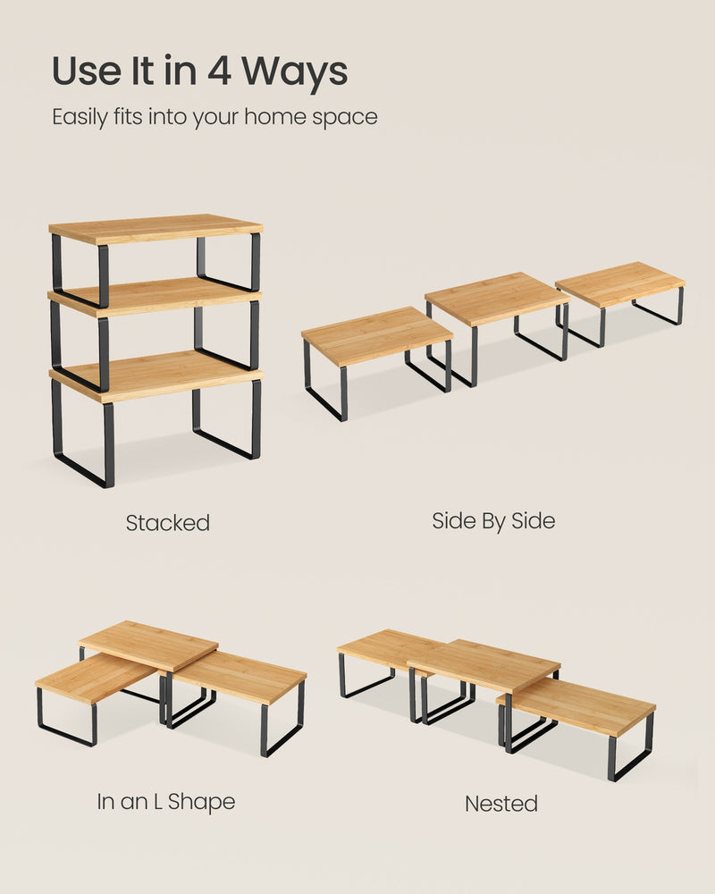 Dimensions diagram of black and beige cupboard organiser set