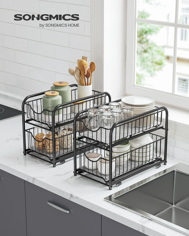 Set of 2 Black Sliding Basket Organisers 2 Tier Stackable Under Sink Storage by Songmics