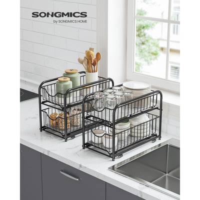 Set of 2 Black Sliding Basket Organisers 2 Tier Stackable Under Sink Storage by Songmics