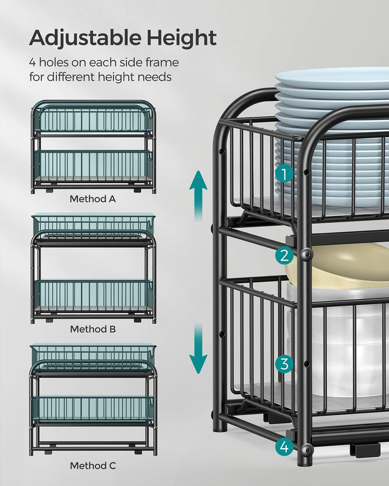 Set of 2 Black Sliding Basket Organisers 2 Tier Stackable Under Sink Storage by Songmics