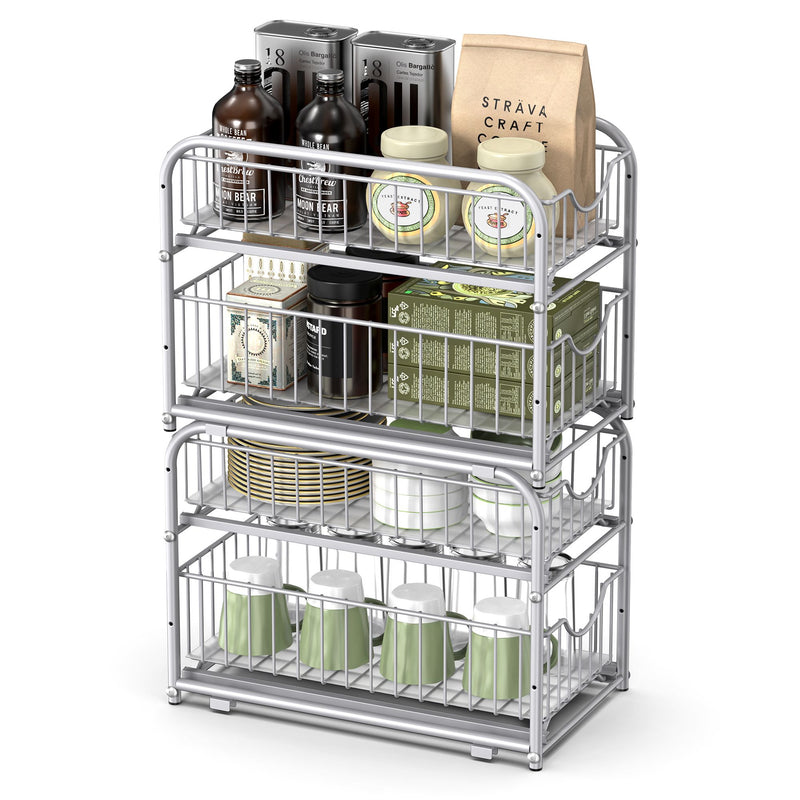 2 Tier Sliding Basket Organisers Set of 2 Stackable Under Sink Storage Silver by Songmics